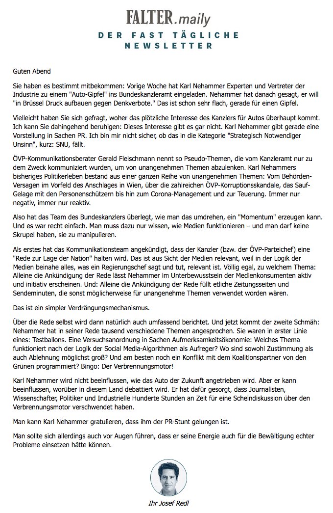 BarbaraSommerer's tweet image. Ein bislang unterschätzter journal. Zugang wie man "SNU" & #MessageControl begegnen & offenlegen kann:
Indem man angewandte PR-Techniken von vermeintlichen "Inhalten" trennt.
@Josef_Redl zeigt das sehr schön im aktuellen #Autogipfel Newsletter:
#Darstellungstechnik #Medienwissen