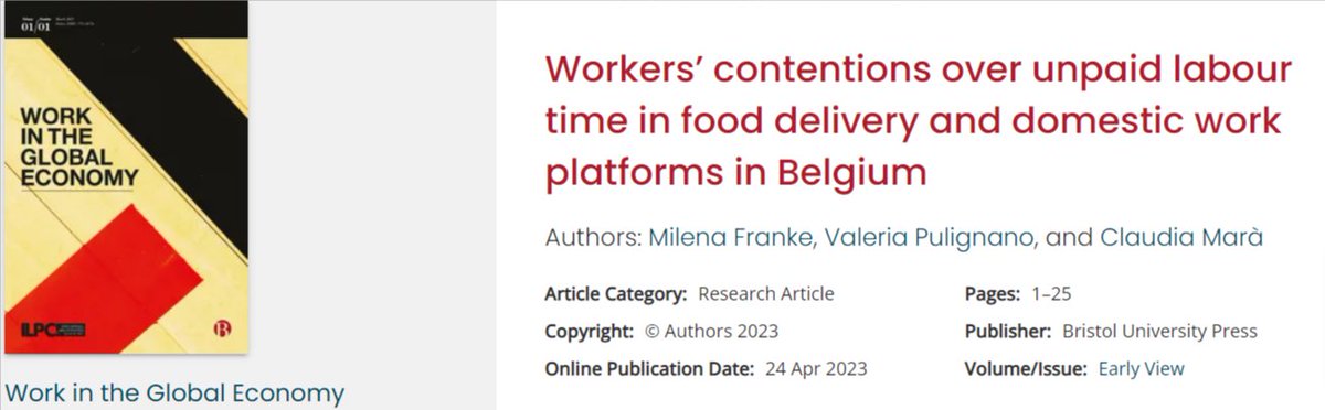 KU Leuven Employment relations and labour markets (@kuleuven_erlm) on Twitter photo ❗️📥💾Ready for download! The new paper "#Workers’ contentions over #unpaid labour time in #fooddelivery and domestic work #platforms in #Belgium" by Milena Franke, Valeria Pulignano & Claudia Marà is now available on the <a href="/wgejournal/">Work in the Global Economy Journal</a>, 👉: bit.ly/41CmRW6 ❗️📥💾Ready for download! The new paper "#Workers’ contentions over #unpaid labour time in #fooddelivery and domestic work #platforms in #Belgium" by Milena Franke, Valeria Pulignano & Claudia Marà is now available on the <a href="/wgejournal/">Work in the Global Economy Journal</a>, 👉: bit.ly/41CmRW6