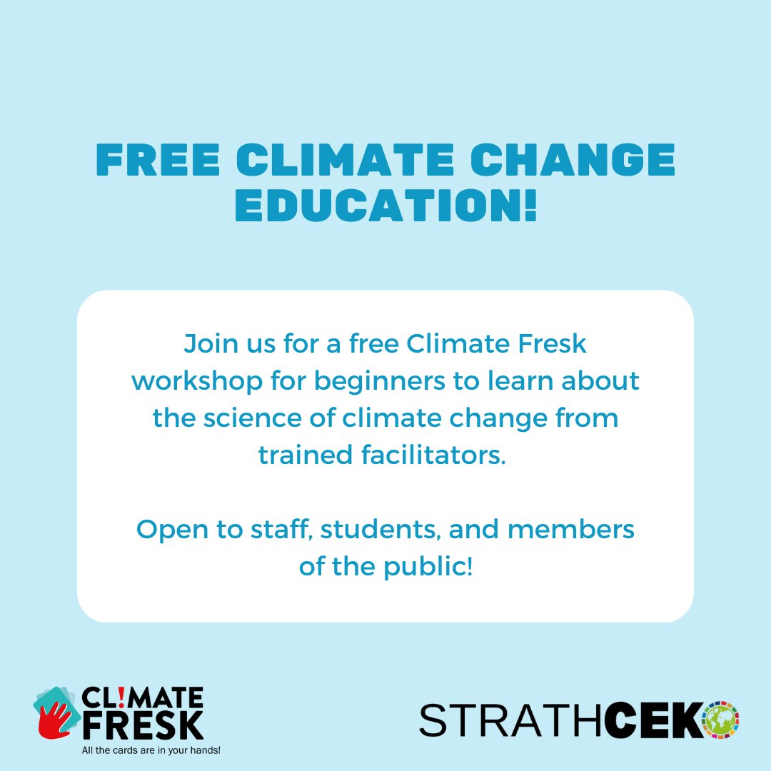 Join us for our Strathclyde Climate Education Kick Off for a free in person Climate Fresk workshop on Tuesday 2nd of May! Open to everyone - not just Strathclyde staff and students! Book your spot here: engage.strath.ac.uk/event/986
