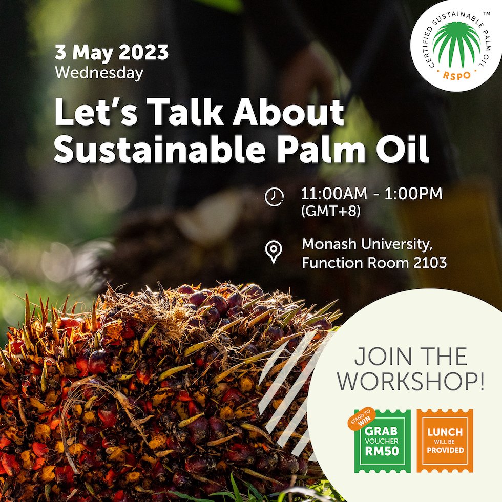 RSPOtweets's tweet photo. Calling all Monash University Malaysia students! RSPO will be at the Green Bazaar from 2-3 May to answer any questions you may have about our work and sustainable palm oil. RSVP: https://t.co/F1GOntxkox #MonashUniversity #SustainablePalmOil https://t.co/1X0Q7qEjn8