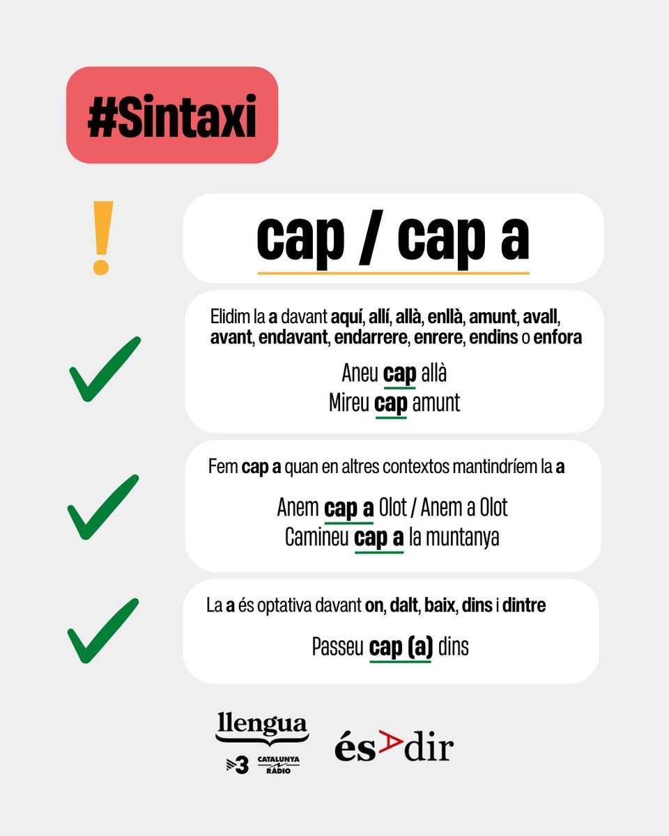 LlenguaTV3CR's tweet photo. 🧐 La reducció de 'cap a' a 'cap' és optativa en alguns casos i els fem anar així👇
🔗https://t.co/c6Gp1CpZmN
#LlenguaTV3CatRàdio #Sintaxi https://t.co/dW0FjF0ko2