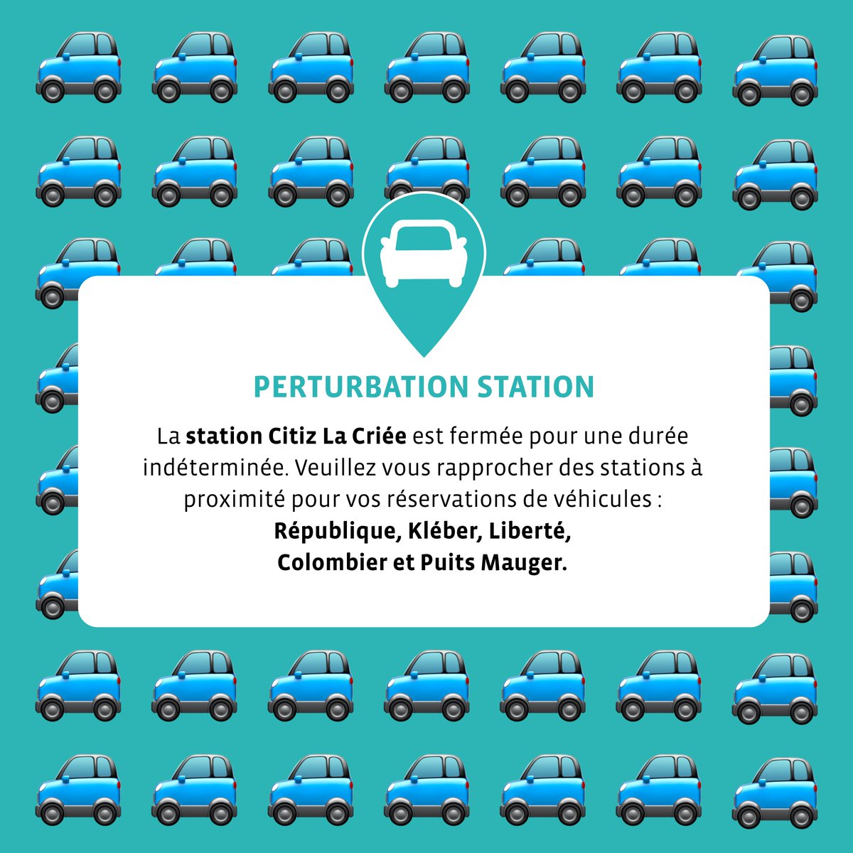 Notre station #Citiz La Criée au centre ville de Rennes est momentanément fermée. RDV dans nos stations d'#autopartage à proximité ou prenez la route avec nos véhicules #Yea! .

📍: République, Kléber, Liberté, Colombier et Puits Mauger.