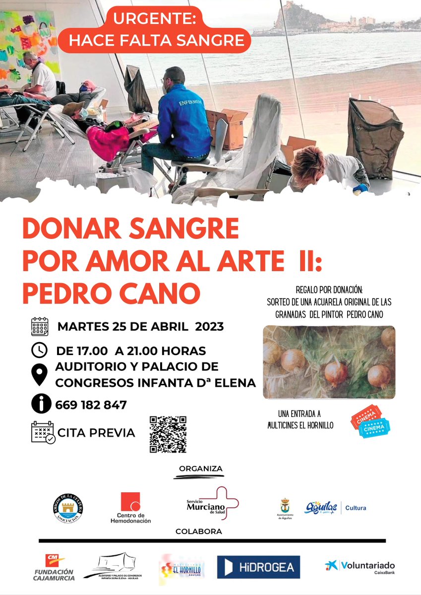 #BuenosDías 👉hoy martes 25, tendrá lugar la "II Edición de Donar Sangre por Amor al Arte" que se celebrará en el
<a href="/AuditorioIEA/">Auditorio de Águilas</a> de #Águilas , organizada por la Asociación de Amigos de la Cultura "Manuel Coronado " y la colaboración <a href="/AYUNTAGUILAS/">AYTO. DE ÁGUILAS</a> y el pintor murciano #PedroCano⬇️