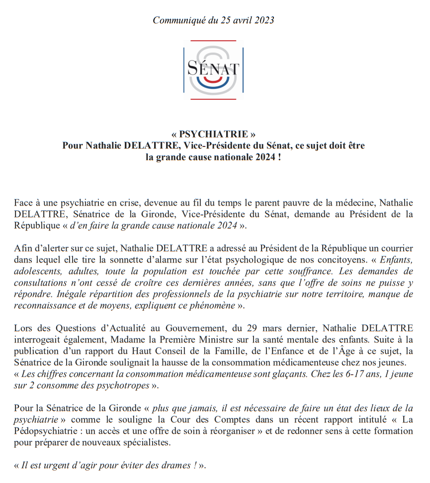 🚨Par manque de reconnaissance et de moyens, la psychiatrie est devenue le parent pauvre de la médecine. Face à la santé mentale fragile de millions de Français, je demande à <a href="/EmmanuelMacron/">Emmanuel Macron</a> <a href="/Elysee/">Élysée</a> de faire de la psychiatrie la grande cause nationale 2024. Il est urgent d’agir⤵️