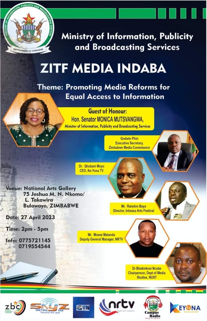 SkyzMetroFM's tweet photo. The Ministry of Information, Publicity and Broadcasting Services will be hosting a ZITF Media Indaba on the 27th of April 2023 at the @BYOgallery.
#zitf2023
#Beyondthesky 
#Esabantu https://t.co/bdBocaQFH0