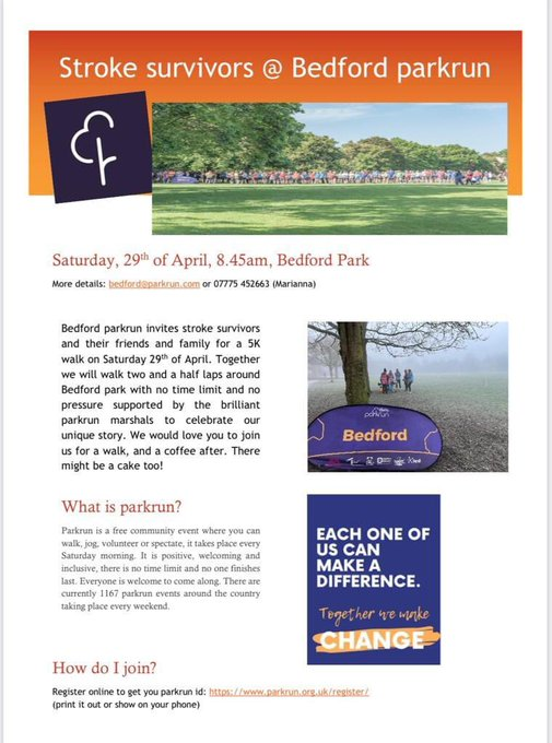Have you had a stroke? Or know someone who has had a stroke?  Join other stroke survivors for a stroll, walk, jog or run around Bedford park this coming Saturday. Lots of support, smiles and encouragement on offer.  Meet at 8.45, start at 9. 
Please share widely! #LoveParkrun