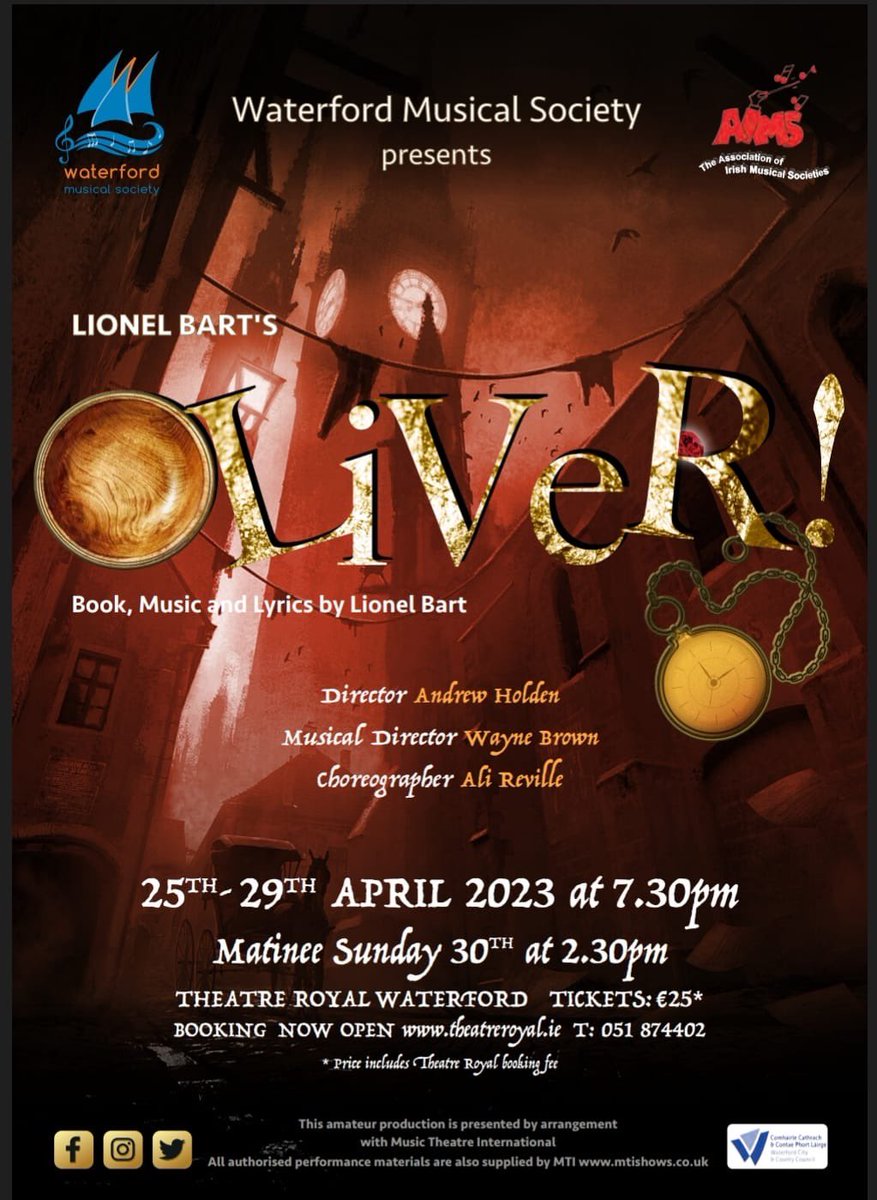aims_pro's tweet photo. Best of Luck Waterford Musical Society with Oliver which runs from Tuesday 25 to Saturday 29 of April.Who will buy and get ready for booking a ticket or two for this fine show! #consideryourself #inluckfortickets xxx😊 https://t.co/UV6XUPXulx