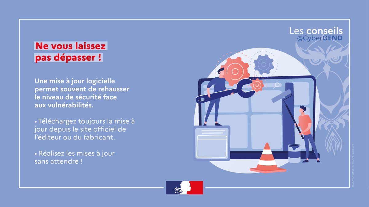 CyberGEND's tweet photo. ⚠️ Les cybercriminels utilisent des failles de sécurité pour vous pirater et dérober vos données personnelles. Pour vous prémunir, réalisez toujours (et sans attendre) les mises à jour logicielles. C'est notre #MardiConseil. ⤵️ https://t.co/kDf2W1KbYg