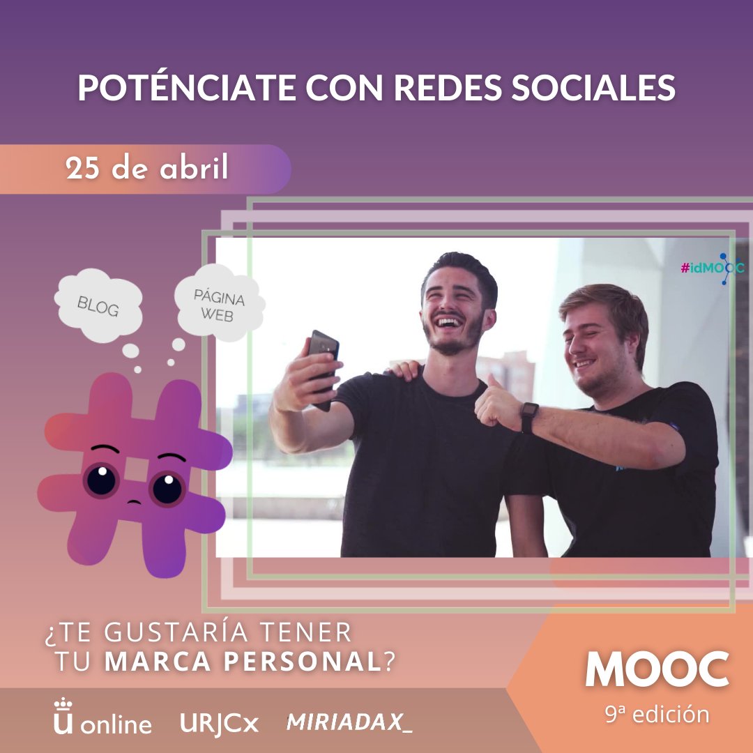 URJConline's tweet photo. ¡No te lo pierdas! ‼️Hoy comienza el #MOOC “Poténciate con redes sociales” de #URJCx en @miriadax. Aún estás a tiempo de inscribirte y aprender con @oriolTIC a obtener el máximo provecho de las redes sociales.
¡Inscríbete #gratis!
👉https://t.co/8CTqYxswka
#online @iDigitalMOOC https://t.co/AmHYSbO6YA