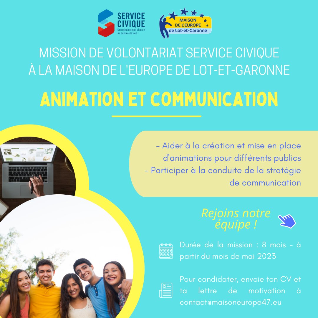 EuropeLotetGaro's tweet photo. 🚨Envie de faire un service civique à la Maison de l'Europe ? On recrute un volontaire dans les domaines de l'animation et de la communication ! 🤩#Candidatez en envoyant CV et lettre de motivation à contact@maisoneurope47.eu ! 📧#job #servicecivique #emploi @ServiceCivique https://t.co/vlgw5SLZRY