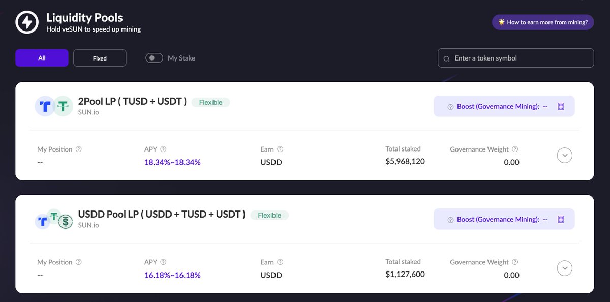 OfficialSUNio's tweet image. Stake in New #StableCoin Mining Pools on SUN🔎

🔹USDJ Pool LP (#USDJ+2Pool) APY over 25.97%
🔹2Pool LP (#TUSD+USDT) APY over 18.34%
🔹USDC Pool LP (#USDC+2Pool) over 18.24%
🔹USDD Pool LP (#USDD+2Pool) over 16.18%

Earn yourself steadily high yields: sun.io/?lang=en-US#/s…