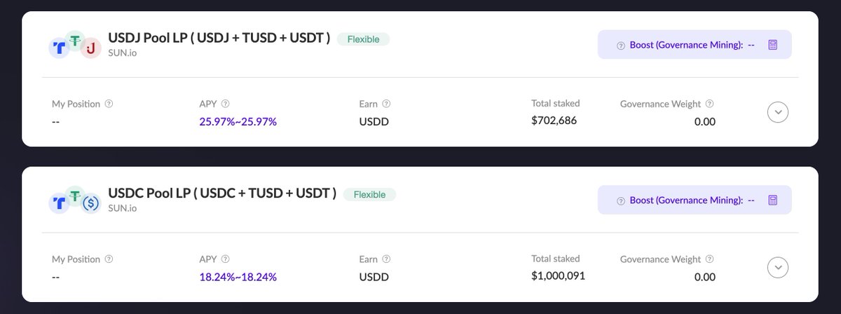 OfficialSUNio's tweet image. Stake in New #StableCoin Mining Pools on SUN🔎

🔹USDJ Pool LP (#USDJ+2Pool) APY over 25.97%
🔹2Pool LP (#TUSD+USDT) APY over 18.34%
🔹USDC Pool LP (#USDC+2Pool) over 18.24%
🔹USDD Pool LP (#USDD+2Pool) over 16.18%

Earn yourself steadily high yields: sun.io/?lang=en-US#/s…