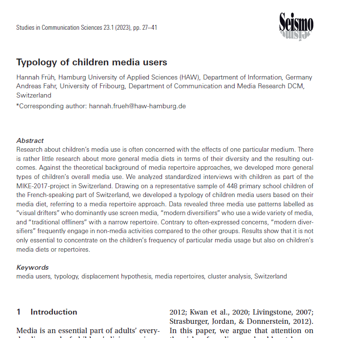 Some kids play outdoors 🛝 others use media 💻!? Hannah Früh @HAW_Hamburg& @Andreas_Fahr find children media user types + reflect on their non-media activities. Based on a survey of primary school children in the French-speaking part of Switzerland. 👉doi.org/10.24434/j.sco…