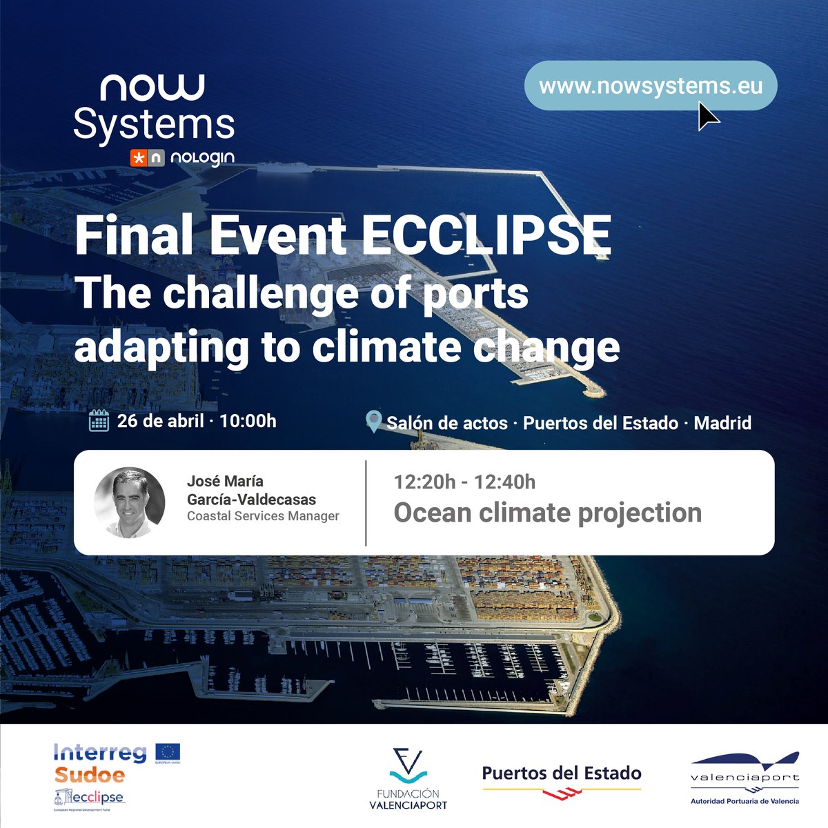 nowsystems_eu's tweet photo. 📢 Mañana, día 26 de abril, asistiremos al Evento Final del proyecto @EcclipseP @Sudoe5 que organiza @PuertosEstado, @AutPortValencia, @FValenciaport
Conoce más sobre #Ecclipse 👉https://t.co/F88L74YVDT https://t.co/nnQazWLnNf