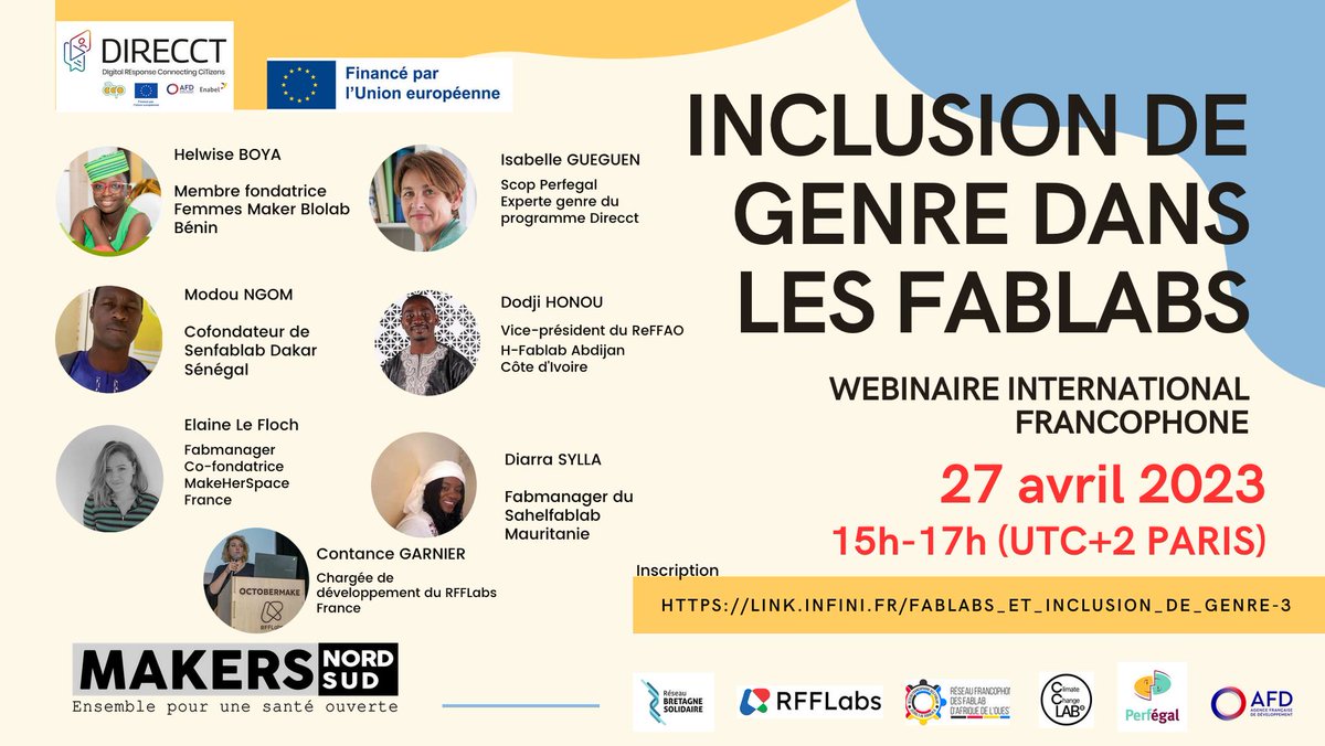 1️⃣ ⚧ Le webinaire 'FabLabs et Inclusion du genre' avec @MakersNordSud @h_fablab, #FemmesMaker #SahelFablab #Reffao @makeherspace_ @senfablab @UEDIRECCT, @AFD_France, c'est le 27 avril de 12h à 15h GMT 👉 Inscription obligatoire ici : cloud.rfflabs.fr/index.php/apps…