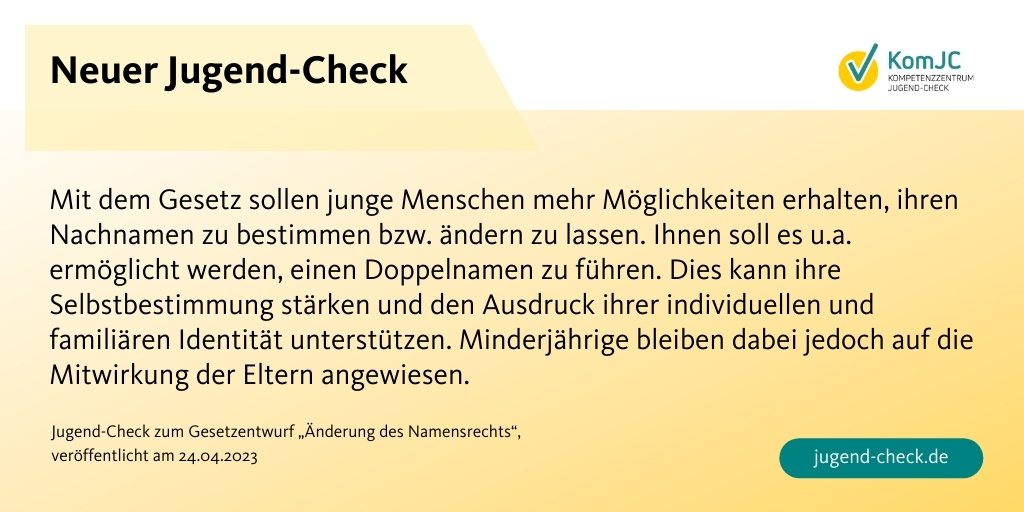 JugendCheck's tweet photo. Das @bmj_bund hat einen Gesetzentwurf veröffentlicht, mit dem das bislang geltende Namensrecht modernisiert werden soll. Unser Jugend-Check dazu: https://t.co/Sg6pIEc3HI https://t.co/jiNAeCTbrp