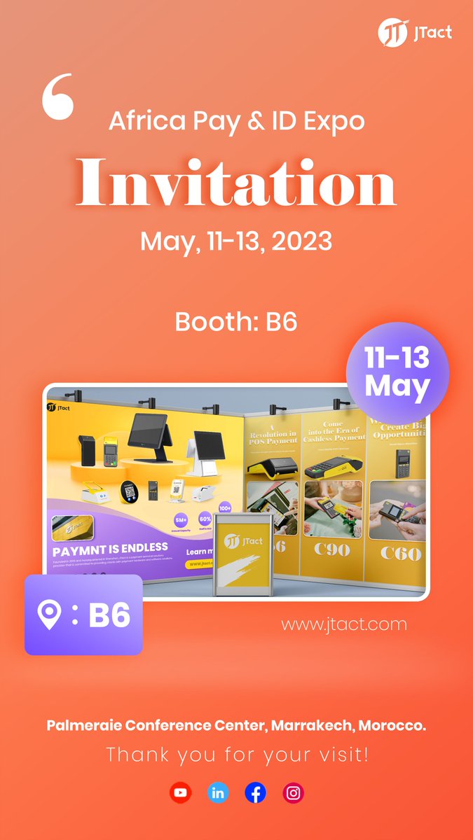 Jtact2016's tweet image. Africa Pay &amp;amp; ID Expo 2023 in Morocco

Welcome to visit our #JTact booth.
B6 | 11th-13th, May | Palmeraie Conference Center, Marrakech

jtact.com
#apide #apide2023 #payments #Morocco #africa