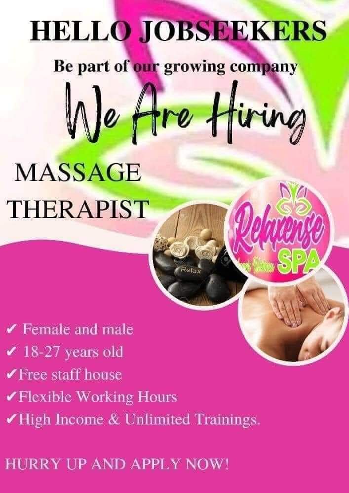 yandzisuc's tweet photo. ‼️URGENT HIRING ‼️

Position: Massage Therapist/s. (STAY-IN)
Location: Tacloban City

QUALIFICATIONS:

•FEMALE or MALE
•preferably  18-26 years old
•with or without experience (free training provided)

Free staff-house (provided) 

Dm for inquiries https://t.co/3Xzostns5G