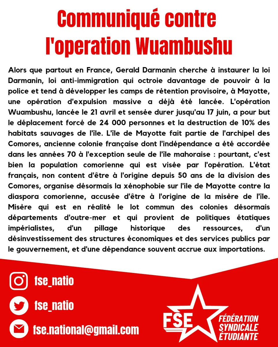 FSE_natio's tweet photo. L'opération anti-immigration dirigée par Darmanin à Mayotte est une division violente des prolétaires sur place, qui va à l'encontre de l'histoire de l'île.

Le prétexte raciste selon lequel la misère mahoraise serait du à la diaspora comorienne est d'une hypocrisie sans nom..1/2 https://t.co/4xhKQOkZjT
