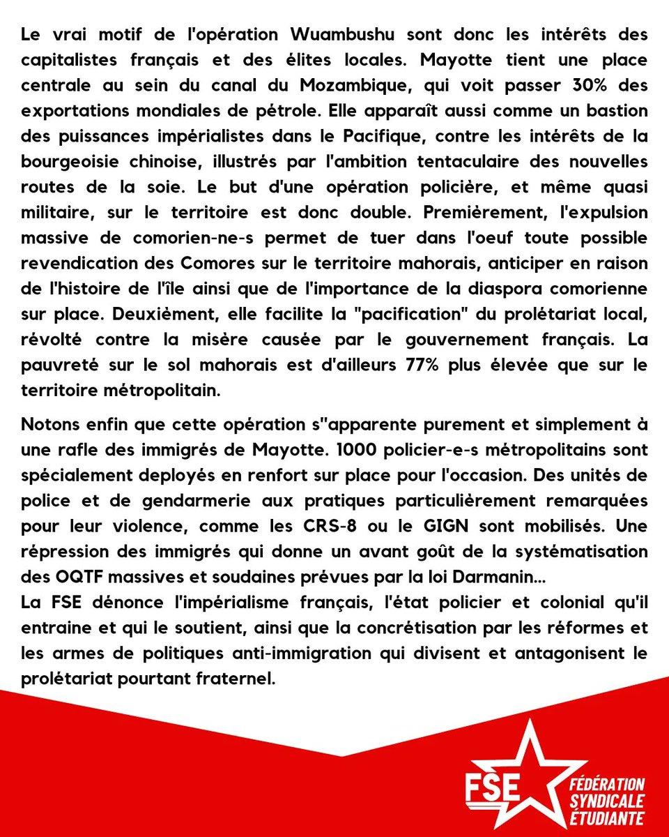 FSE_natio's tweet photo. L'opération anti-immigration dirigée par Darmanin à Mayotte est une division violente des prolétaires sur place, qui va à l'encontre de l'histoire de l'île.

Le prétexte raciste selon lequel la misère mahoraise serait du à la diaspora comorienne est d'une hypocrisie sans nom..1/2 https://t.co/4xhKQOkZjT