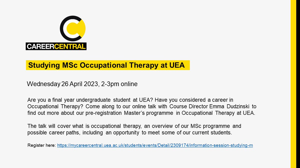 There is still time to register for tomorrow's talk mycareercentral.uea.ac.uk/students/event……

@EmmaDudzinski @UEAPsychology @UEAPESH @biouea @ueaenv @UEANatSci @UEABusinessSoc @FTM_UEA @AMAUEA @Languages_UEA @UeaEDU @UEA_EDUSOC @ba_edu_uea @philosophyuea @UEAPhilSoc @UEACareers @UEA_Health