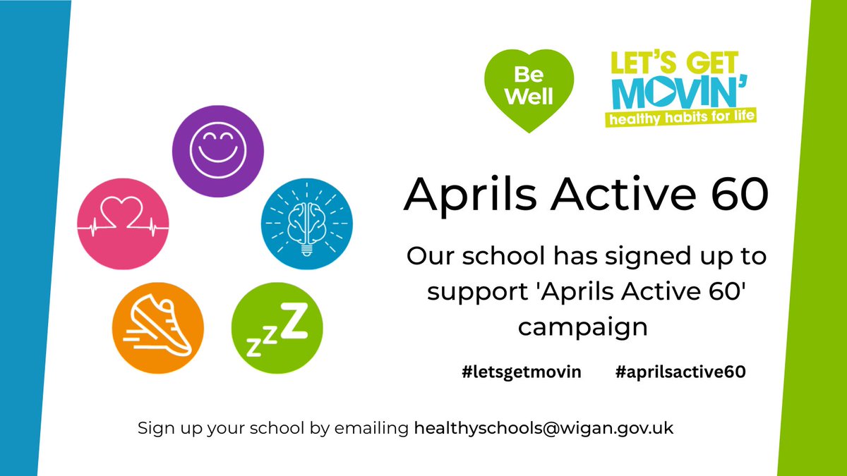 Healthy Schools - The Be Well Wigan Team
Aprils Active 60 – School Sign Up
@BeWellW #letsgetmovin #aprilsactive60