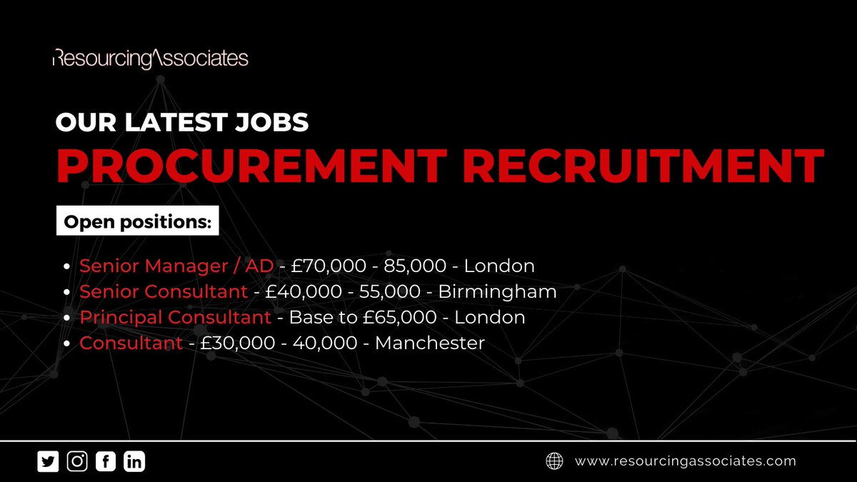 ResourcesAssoc's tweet image. We&apos;re excited to announce our latest job openings in procurement recruitment.

For more info, contact us today!
T (UK): 0203 983 9300
T (US): +1 (646) 993 7350
E: enquiries@resourcingassociates.com

#procurementrecruitment #londonjobs #birminghamjobs #manchesterjobs #rec2rec #r2r