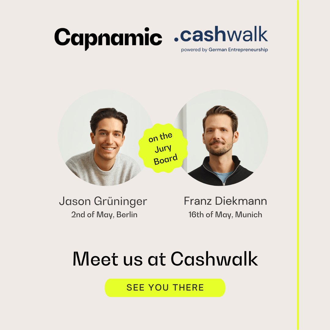 👌It’s our pleasure to announce that Jason Grüninger and Franz Diekmann will represent <a href="/Capnamic/">Capnamic</a> at Cashwalk powerd by <a href="/GEntrepreneur_/">German Entrepreneurship</a>  Vol. 15 and Vol. 16 in Berlin and Munich. Both will serve as Jury Members. You will be there and want to connect? Get in touch. #capnamic