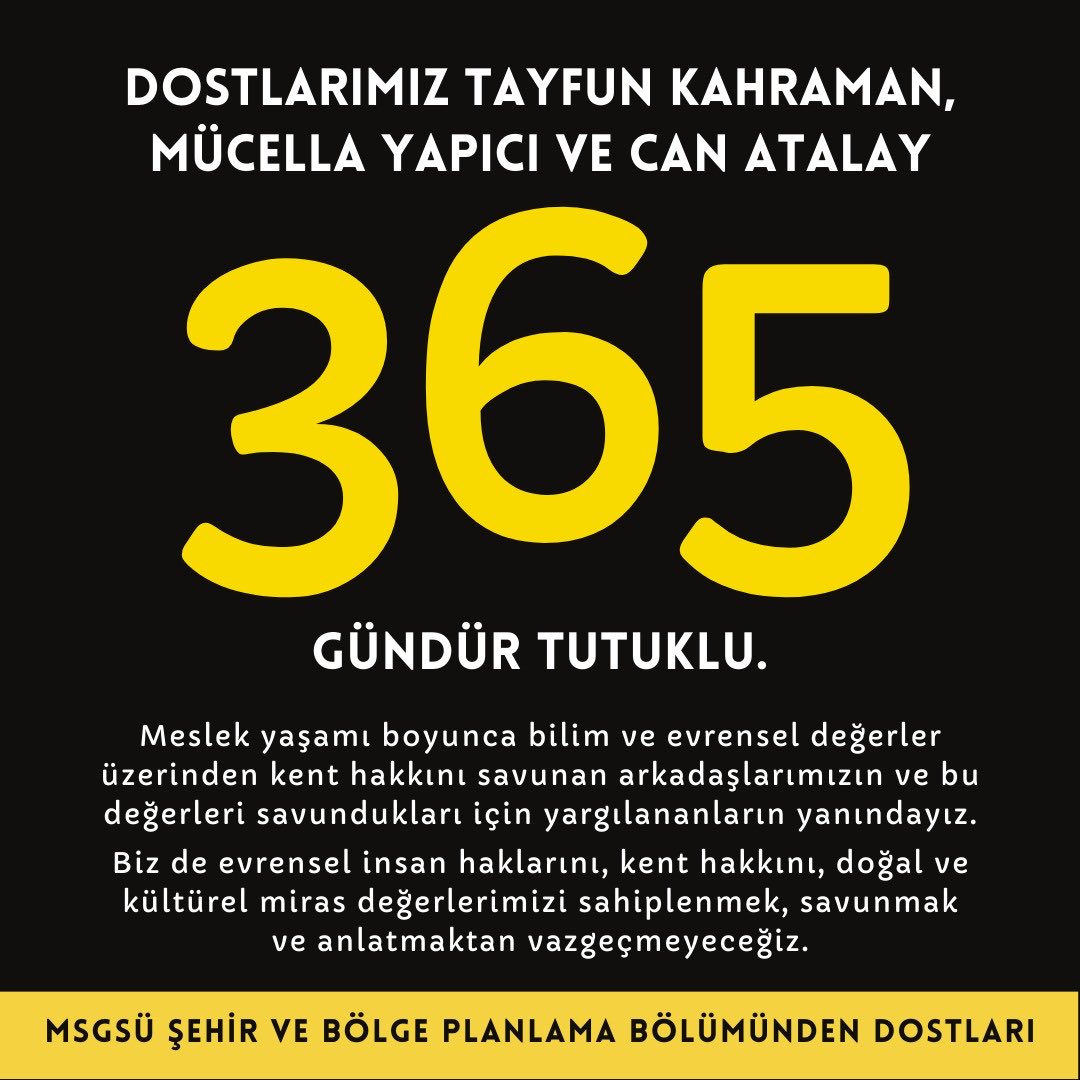 Söylemesi kolay 1 sene, 365 gün! Hele hiç bir suçun yokken, kenti yağma edenlerin önüne kendini siper etmişken, daha da zor olmalı bu tutsaklık hali. Dayanın arkadaşlar, bu zulüm bitecek! #GeziyeÖzgürlük ⁦<a href="/tayfun_kahraman/">Dr. Tayfun Kahraman</a>⁩ ⁦<a href="/CanAtalay1/">can atalay</a>⁩ ⁦<a href="/MucellaYapici/">@mücella yapıcı</a>⁩ ⁦