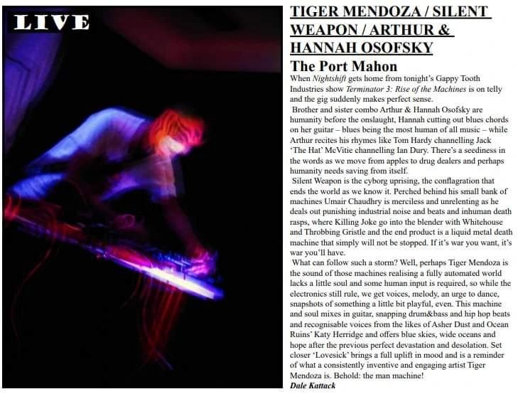 tigermendoza's tweet photo. Another lovely review of the @gappytoothindustries gig at The Port Mahon in the new @nightshiftmagazine
#manmachine #tigermachine #gigreview #oxford #oxfordmusic https://t.co/qy2TfOpv6Q