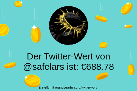 safelars's tweet photo. Mein Twitter-Wert ist: €688.78

Finde deins mit https://t.co/cqS1G4emRl

⠀ https://t.co/wgNyo6Jjdk