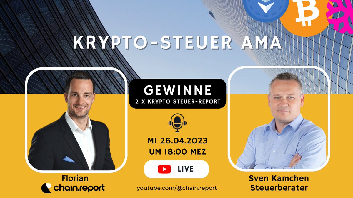 Contest for our Crypto Tax AMA Live 🇩🇪 with <a href="/SvenKamchen/">sk_official - #RoadToZeroTax 👈</a>

Win 1 of 2 chain.report Crypto Tax Report licenses (Trader Package):

1. Like
2. Retweet
3. Join us live on YouTube on 04/26 at 18:00 CET and write a YT comment during the raffle:
youtube.com/watch?v=fOqakX…