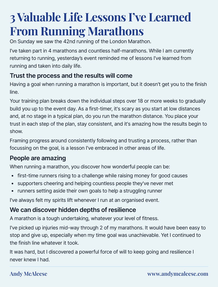 Watching the London Marathon reminded me of the lessons I’ve learned from running marathons.