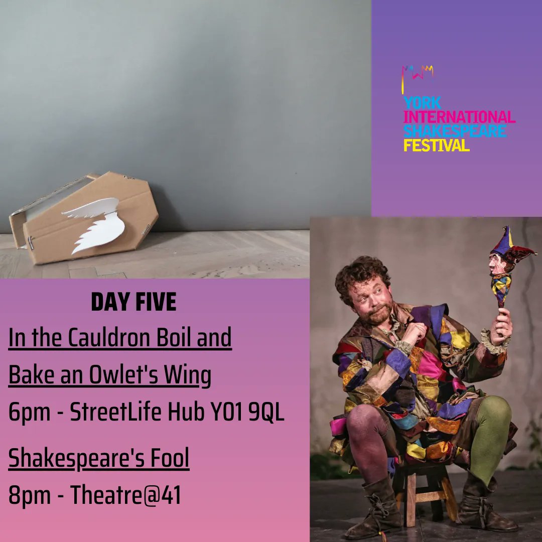 YorkShakes's tweet photo. #YISF 25 April
IN THE CAULDRON BOIL AND BAKE AN OWLET’S WING
6:00 pm Streetlife Hub, Coney Street
https://t.co/sxZ6bST5WS 

SHAKESPEARE’S FOOL
8:00 pm Theatre@41 @TortiveTheatre 
https://t.co/0YTrsfIsNU 
#York #International #Shakespeare #Festival #Poland #Storytelling #ESFN https://t.co/Wj2oQVgXoW