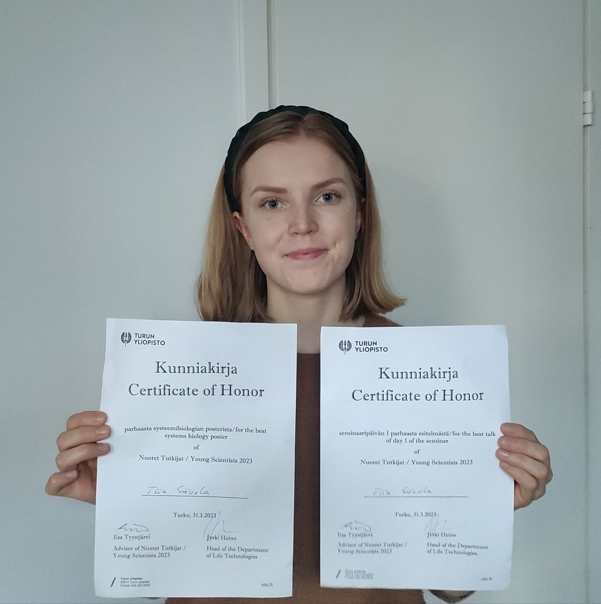 PhotoMicrobes's tweet photo. Congratulations to our Master student Tiia Siivola for winning The best systems biology poster and The best talk of the day awards at the Young Scientists 2023 seminar organised at @UniTurku 👏🏅🥳
Her thesis topic is under the @FuturoLeaf project. #Sustainability #photosynthesis https://t.co/nXMLNZscPb