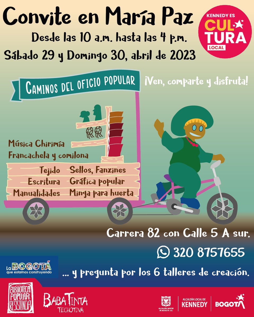 BabaTinta's tweet photo. Convite en María Paz, desde las 10 a.m. hasta las 4 p.m.
Sábado 29 y domingo 30 de abril de 2023

¡Ven, comparte y disfruta!
Minga para revitalización de la huerta. Que disfrutes de la olla comunitaria, actividades infantiles creativas, música, feria artesanal, gráfica popular. https://t.co/fLn2RLDv20