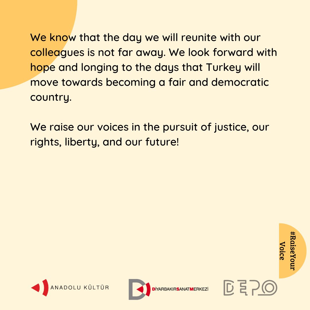 anadolu_kultur's tweet photo. One year has passed since Osman Kavala, the founder and Chair of Anadolu Kültür, was sentenced to "aggravated life imprisonment" at the Gezi Trial. For years, they have searched for crimes and concrete evidence, which they knew did not exist, all while keeping him imprisoned. And they couldn’t. As of today, Osman Kavala has been behind bars for almost 5.5 years.

A year ago, Anadolu Kültür’s board members, Yiğit Ali Ekmekçi, Ali Hakan Altınay, and Mine Özerden, and consultant Çiğdem Mater, as well as Mücellâ Yapıcı, Tayfun Kahraman, and Can Atalay from Taksim Solidarity were all sentenced to 18 years in prison. This decision has once again dealt a blow to our sense of justice.

We know that the day we will reunite with our colleagues is not far away. We look forward with hope and longing to the days that Turkey will move towards becoming a fair and democratic country.

We raise our voices in the pursuit of justice, our rights, liberty, and our future!
#RaiseYourVoice #GeziTrial