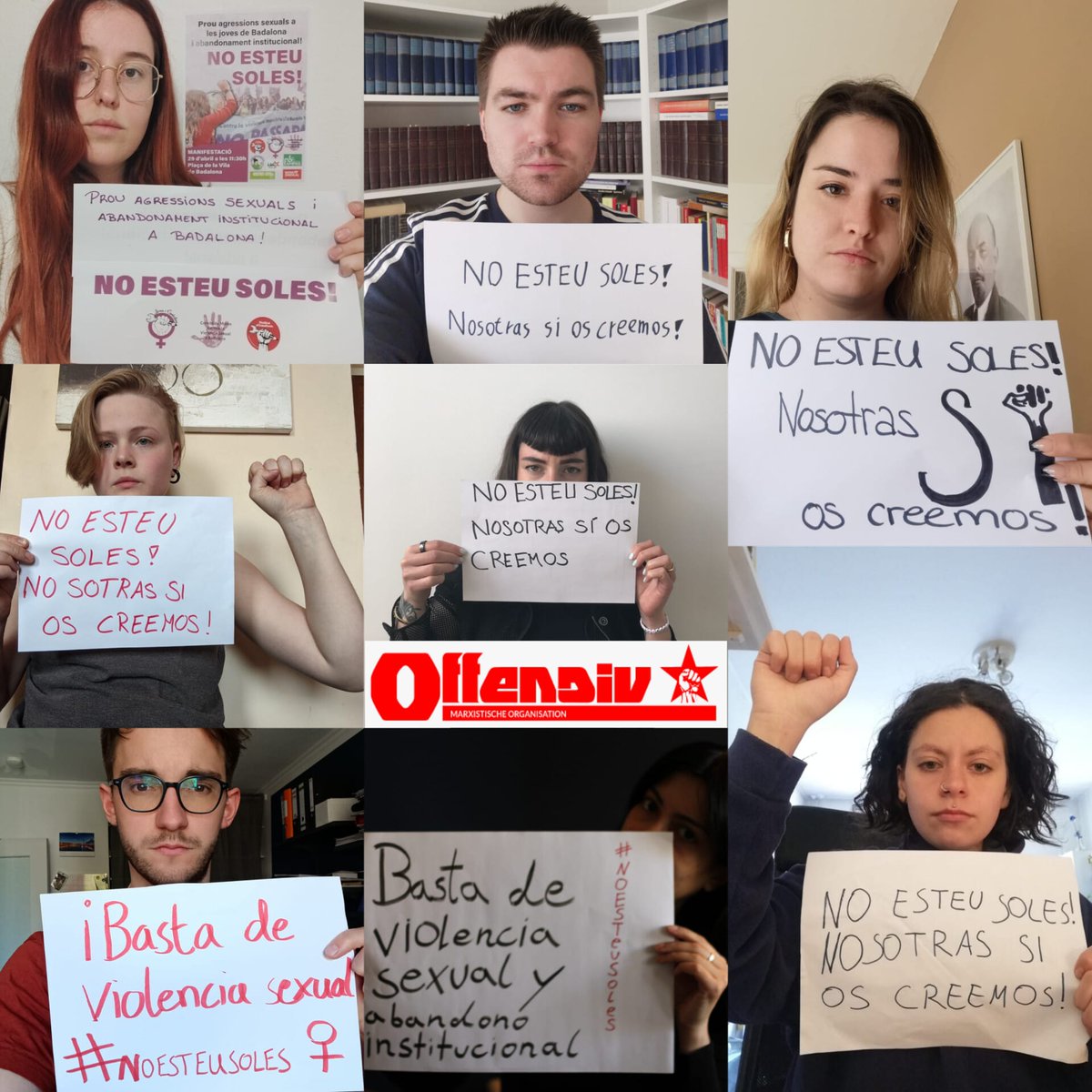 LibrsyCombativs's tweet photo. Nos llega más solidaridad internacionalista con la campaña #NoEsteuSoles, esta vez desde Hamburgo.
Desde Alemania también envían un mensaje de apoyo a las víctimas del CC Màgic. La lucha contra el machismo es internacional. Danke, #Offensiv! ✊🏼 https://t.co/bWE5qSGy3H