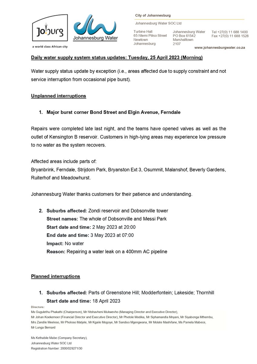 Johannesburg Water on Twitter "Daily water supply system status updates Tuesday, 25 April 2023