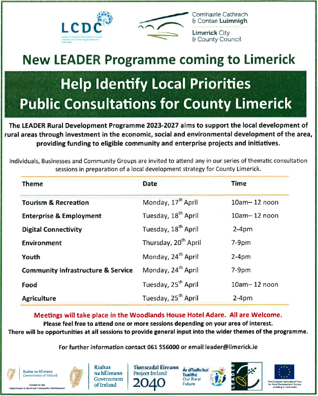 HealthyLimerick's tweet photo. Online survey now available for Limerick County Public Consultation -#EULEADER Programme 2023-2027.

Have your say to ensure that the needs, opportunities and challenges are taken into account and  influence the priorities set out in the new strategy .

https://t.co/7ByzYCJbIa https://t.co/O1eVj2sZ9W