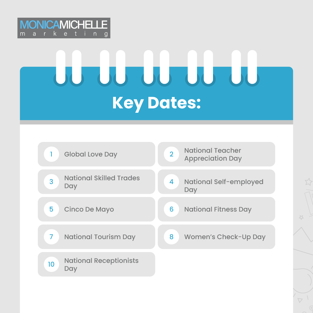 MonicaMichelles's tweet photo. Heyyyy, May is coming! 🌷🌸🌻

If you're wondering what to post month🗓️, fear not! There are plenty of national days, weeks, and month to inspire your content. Whether you're a brand, an influencer, or just looking for some fun ideas to spice up your feed, these special dates ca https://t.co/OCr7qVNiOf