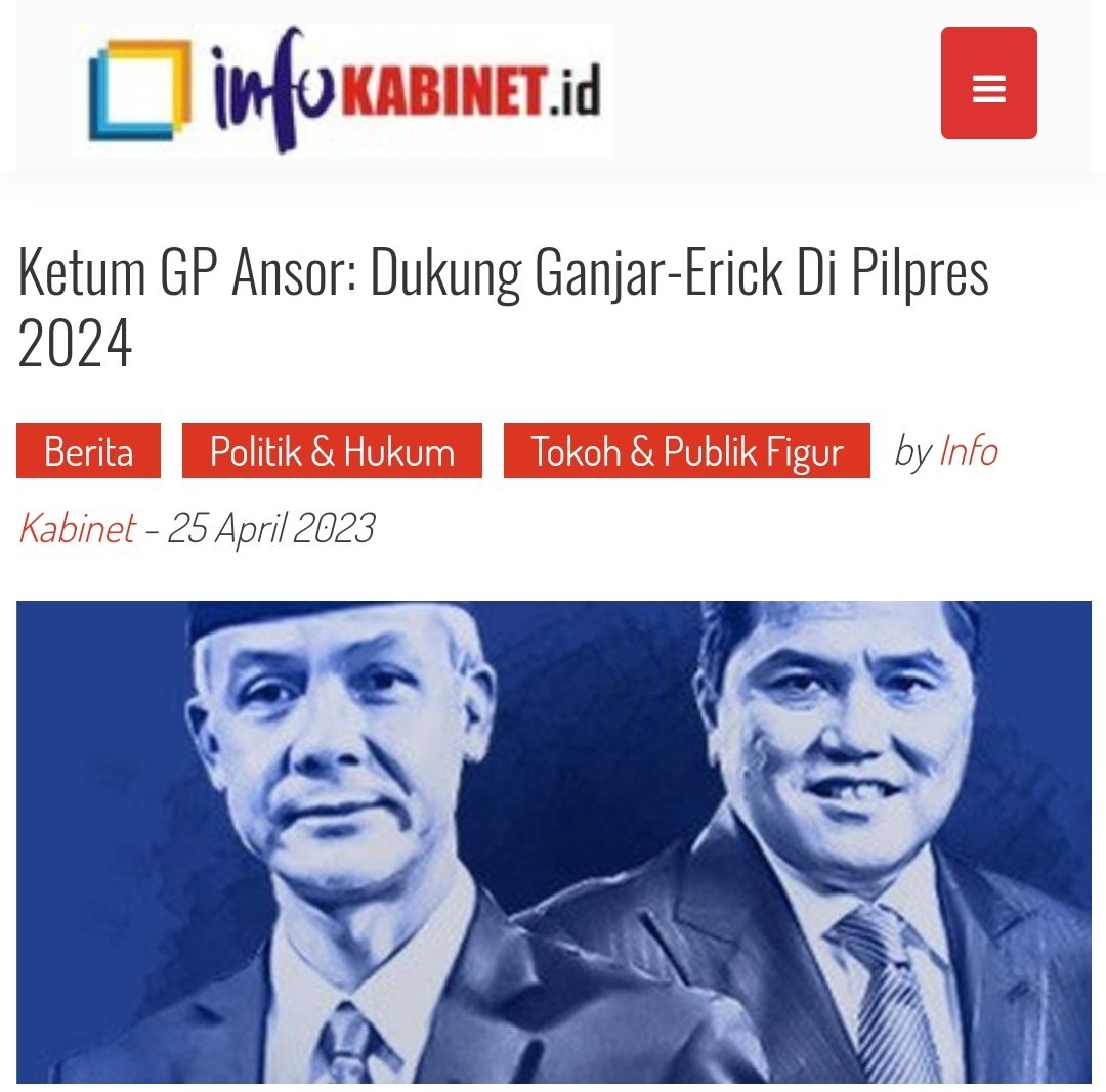 Ketum GP Ansor: Dukung Ganjar-Erick di Pilpres 2024 infokabinet.id/2023/04/25/ket…

<a href="/ganjarpranowo/">Ganjar Pranowo</a> <a href="/jokowi/">Joko Widodo</a>