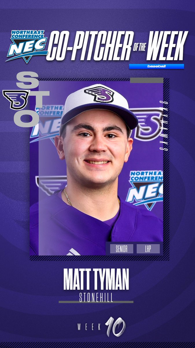 necbaseball's tweet photo. 🏅#NECbaseball Co-Pitcher of the Week🏅

👉Matt Tyman, @StonehillBASE 

⚾️Tyman got the nod on Saturday &amp; pitched his first career complete game in the opening doubleheader shutout win over DSU. He allowed5⃣hits,3⃣walks, fanned a season-high of 6⃣batters, and posted a 0.089 WHIP. https://t.co/FS3fkzFSR8