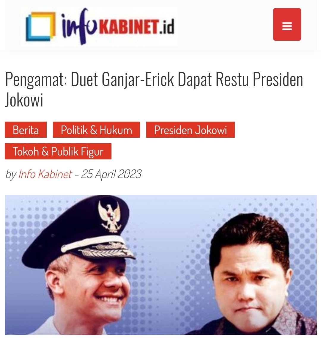 Pengamat: Duet Ganjar-Erick Dapat Restu Presiden Jokowi infokabinet.id/2023/04/25/pen…

<a href="/jokowi/">Joko Widodo</a> <a href="/ganjarpranowo/">Ganjar Pranowo</a>