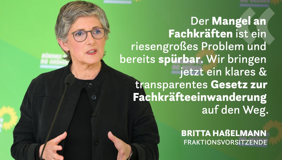 GrueneBundestag's tweet photo. Fast 2 Mio. Arbeitsstellen sind in Deutschland unbesetzt. Das ist ein großes Problem für Pflege, Handwerk, Industrie &amp; Mittelstand.

Wir müssen dringend Abhilfe &amp; bessere Bedingungen schaffen für die #Arbeitskräfteeinwanderung.

Um ein entsprechendes Gesetz kümmern wir uns jetzt! https://t.co/cNAlBBtAfB