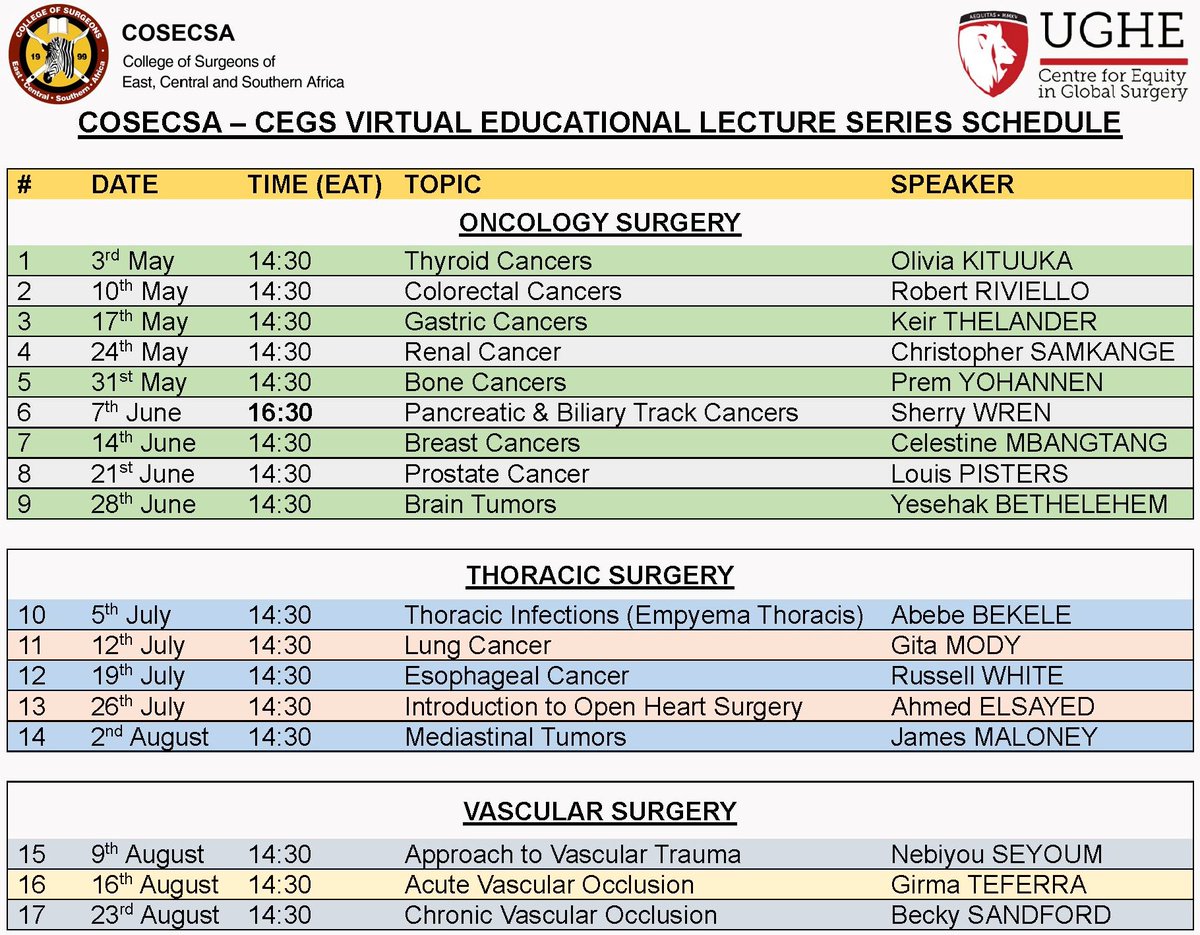 cosecsa's tweet photo. Exciting news! The @cosecsa &amp; Cegs @ughe_org  virtual lecture series on Oncology, Thoracic &amp; Vascular Surgery starting on May 3rd! Running every Wednesday for 17 weeks, our expert speakers will cover the latest advancements in these fields. Don't miss out, https://t.co/gzjnuFYxnD https://t.co/ED8C4dtMCl