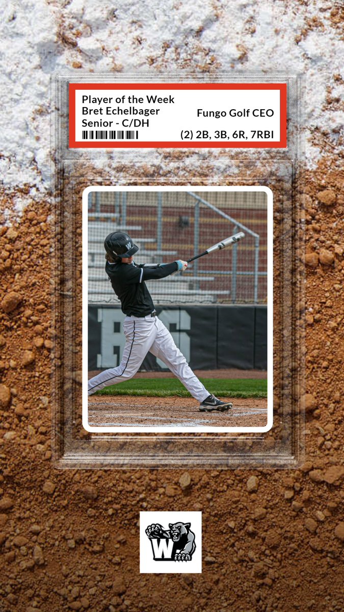 Western_BBCoach's tweet photo. Congrats to Bret Echelbarger for being named the Varsity Player of the Week. Bret went 5-9 with 2-2Bs, 3B, 7 RBIs, and scored 6 runs. @Panthers_AD https://t.co/8IeXSkJYeg