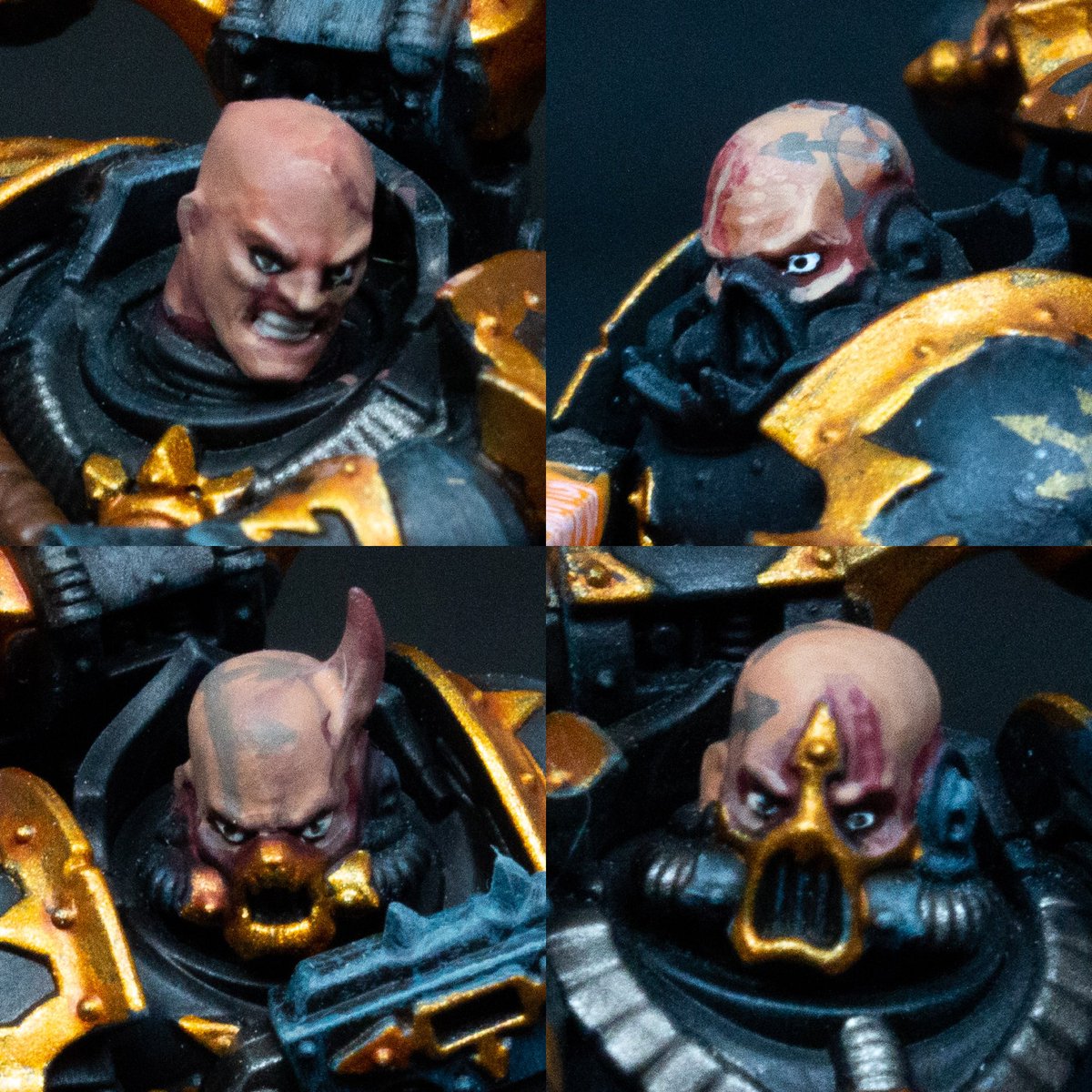 RJeffas's tweet photo. Some of the Black legion chaos space marines faces I’ve painted.

#warhammer #warhammer40k #warhammercommunity #paintingwarhammer #painting #miniaturs #miniaturepainting #miniaturewargaming #blacklegion #chaosspacemarines #deathtothefalseemperor #chaos #miniart https://t.co/2TyaAsqkGq