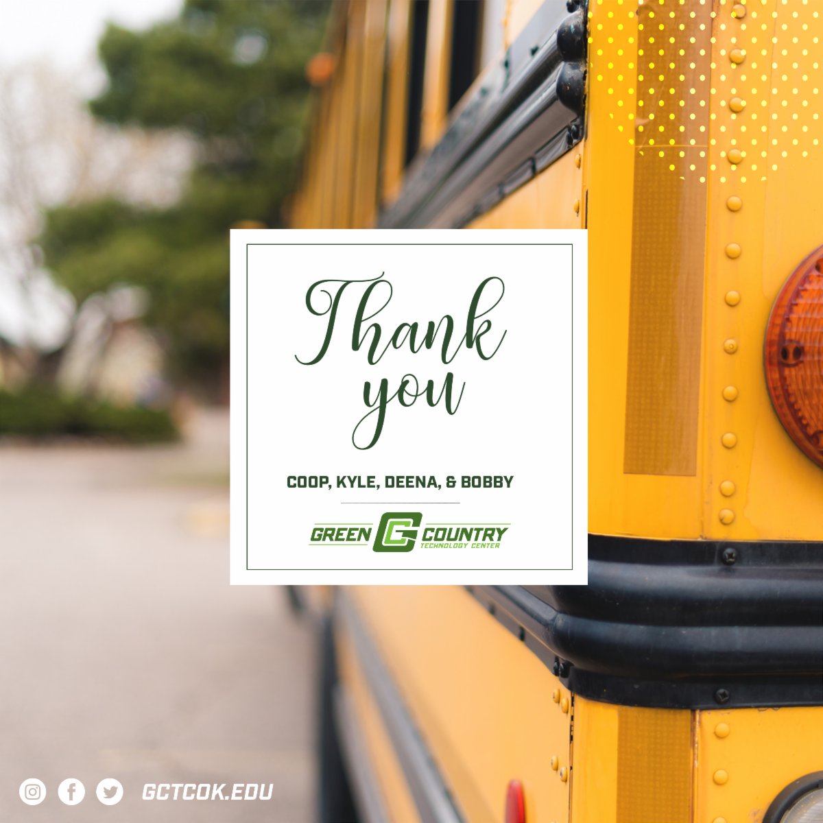 gctcok's tweet image. Happy School Bus Drivers' Day to our amazing drivers Coop, Kyle, Deena, and Bobby! Thanks for always getting us to school safe and sound, even if it means listening to our off-key singing and terrible jokes. 
 
#GoGreen | #GCTC | #SchoolBusDriversRock | #KeepOnTruckin'