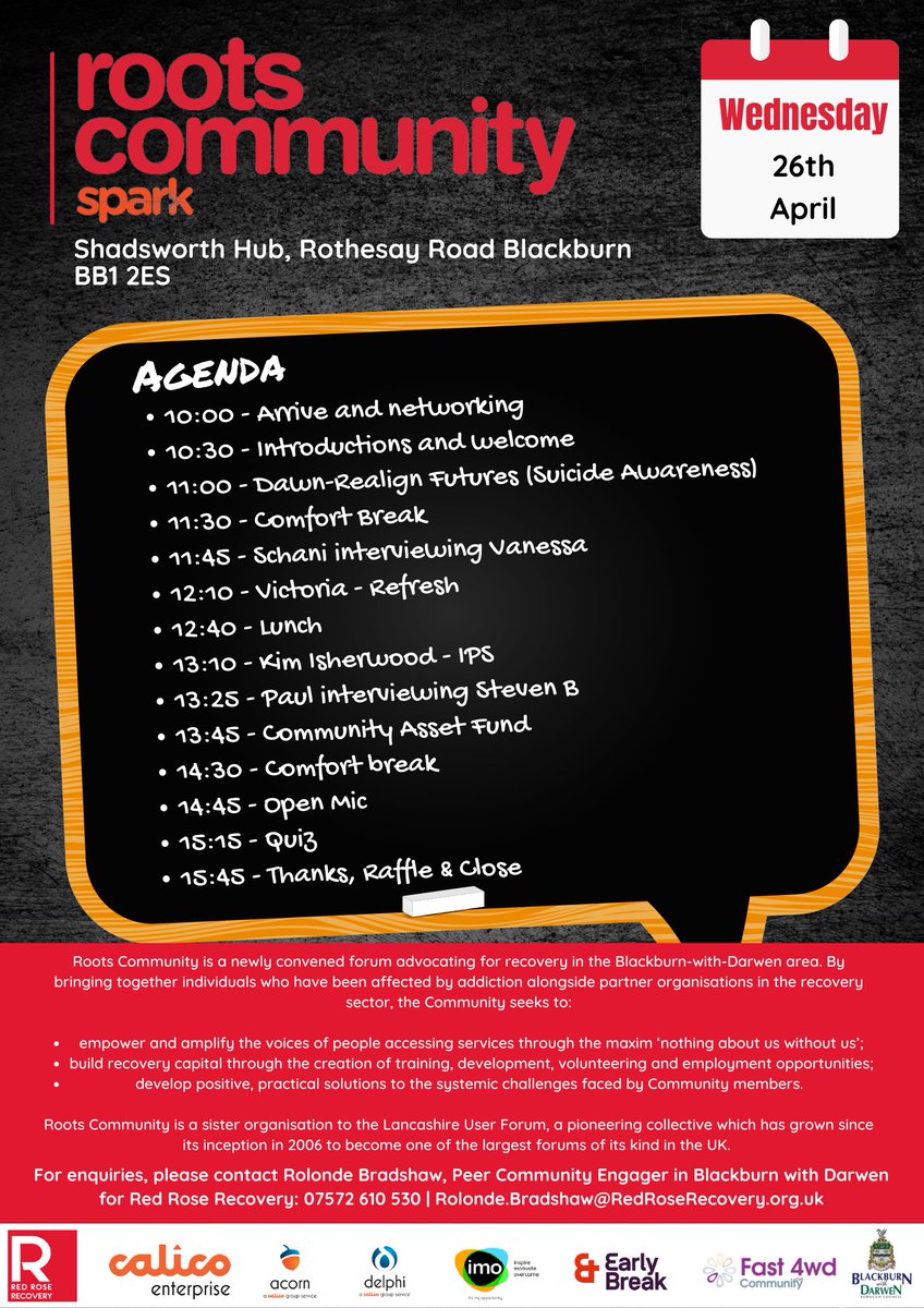 Tomorrow is this months Roots Community Forum over at #Shadsworth Hub

We have another full agenda for you tomorrow!

We have talks from organisations, people sharing their stories and so much more. Whilst your there enjoy a #free lunch